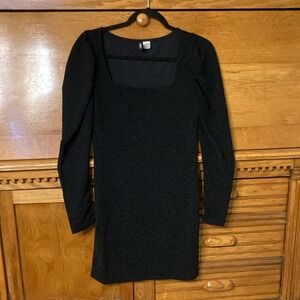 H&M Divided Dark Romantic Goth Black Shimmer Square Neck Puff Sleeve Mini Dress